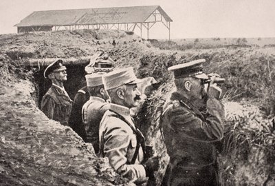Lord Kitchener with binoculars with General Joffre in trench on Western Front, August 1915, from 